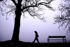 Silhouette of a person walking through the woods.