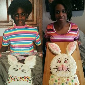 Thenedra as a kid with a bunny cake, then as an adult with the same type of cake.