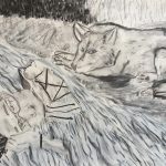 Black and white drawing of person laying down with canine