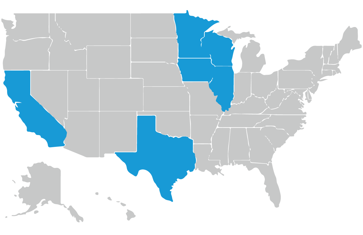Virtual-Tour-Map United States map with Minnesota, Wisconsin, Illinois, Iowa, Texas, and California highlighted